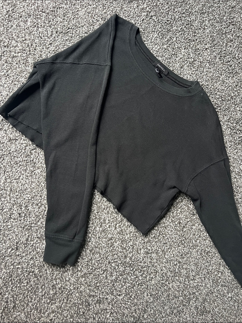 Women’s Black Cropped Waffle Long-Sleeve Top